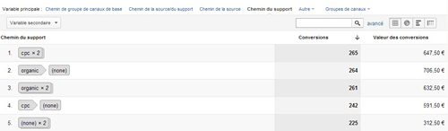 Chemins de conversion les plus fréquents - Chemin support - Google Analytics