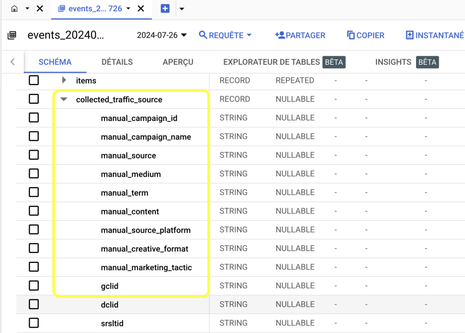 Nouveaux champs ajoutés l’exportation d’événements BigQuery